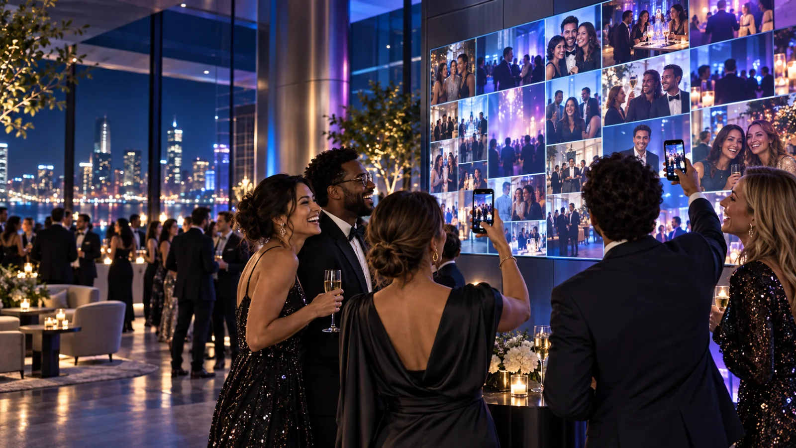 Guests watching a live photo wall on a big screen
